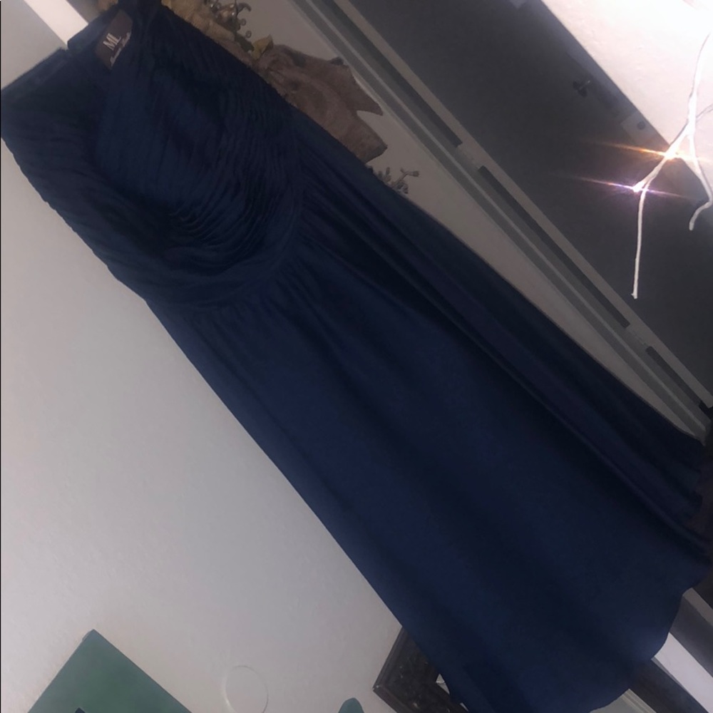 Monique L. Navy strapless dress